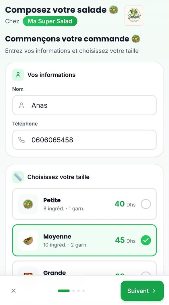 Interface de sélection de taille de salade par QR code — Salad Composer