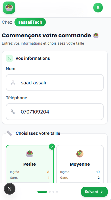 Interface de sélection de taille de salade par QR code — Salad Composer